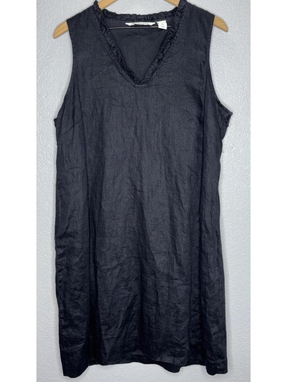 Cubavera womens XL Black 100% linen sleeveless shift ruffle v neck